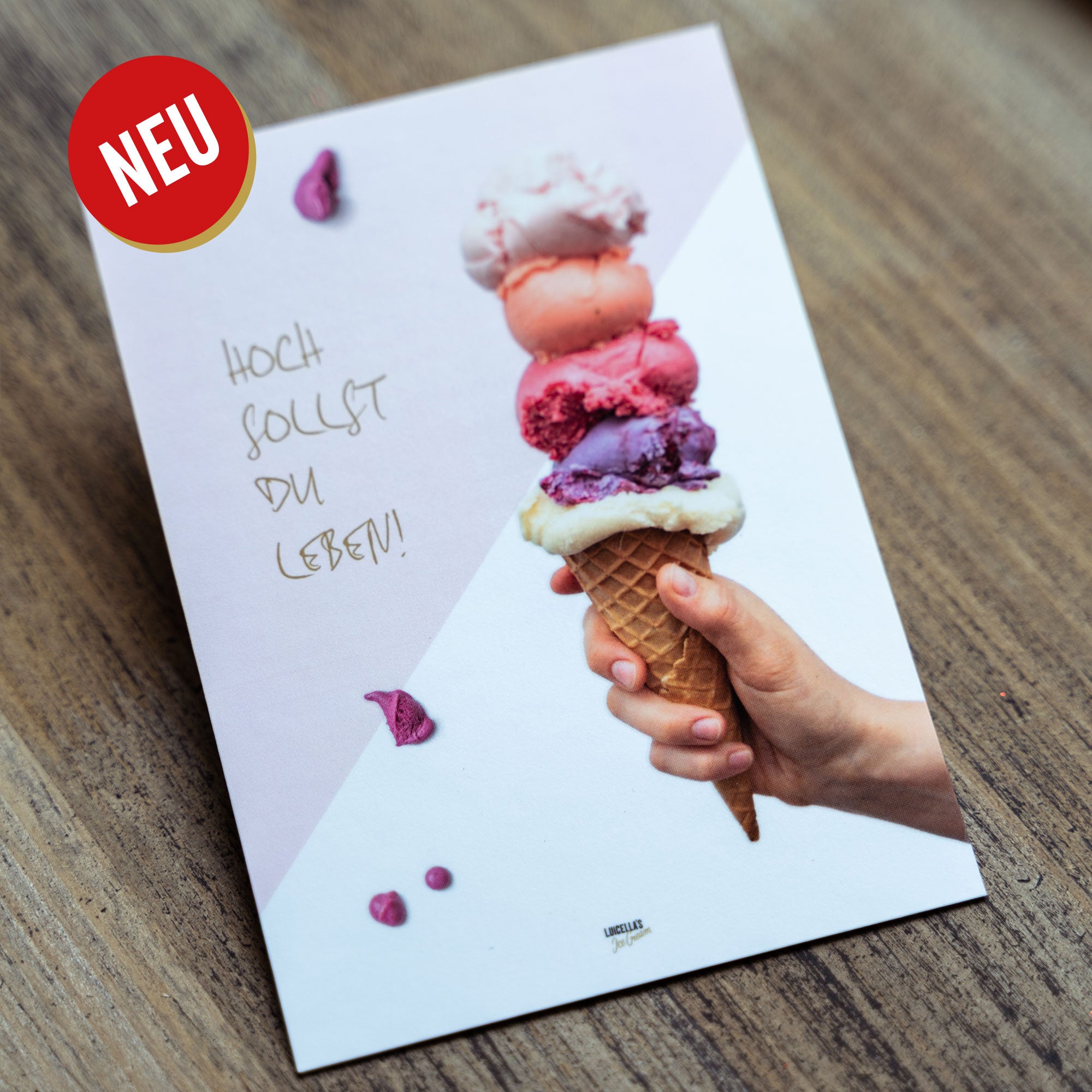 Postkarte "Hoch sollst du leben" mit Eiswaffel